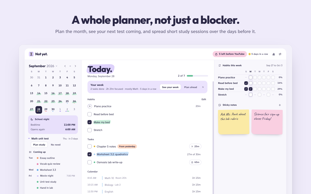 The full planner with the month, today's habits, tasks and calendar, and a countdown to the next test.