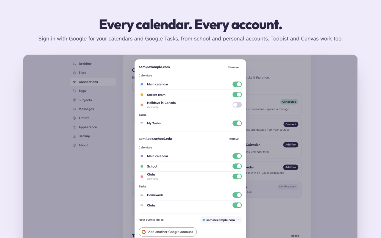 Two Google accounts connected, each with its calendars and Google Tasks lists.
